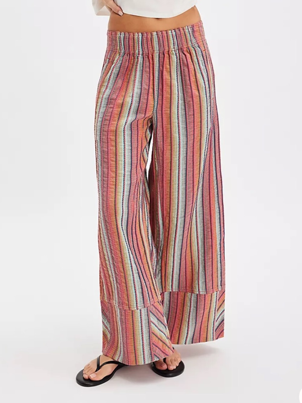 Free People “Day’s End” Striped Wide-Leg Pants in Coral, Mint & Tan, Size L
